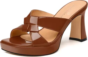 Womens Platform Heeled Sandals, Block Heel Open Toe Slip-on Sandals for Women, Womens Woven Straps Chunky Heel Slippers with Leather Insole 3.3"
