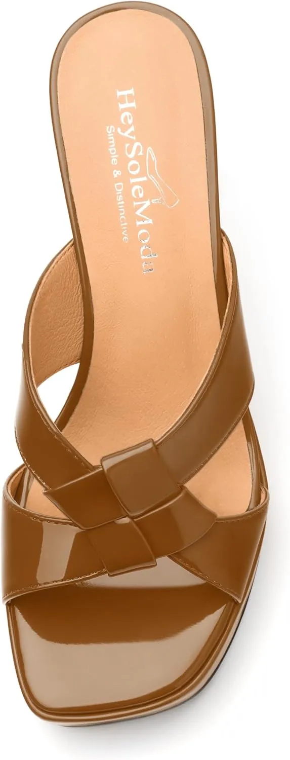 Womens Platform Heeled Sandals, Block Heel Open Toe Slip-on Sandals for Women, Womens Woven Straps Chunky Heel Slippers with Leather Insole 3.3"