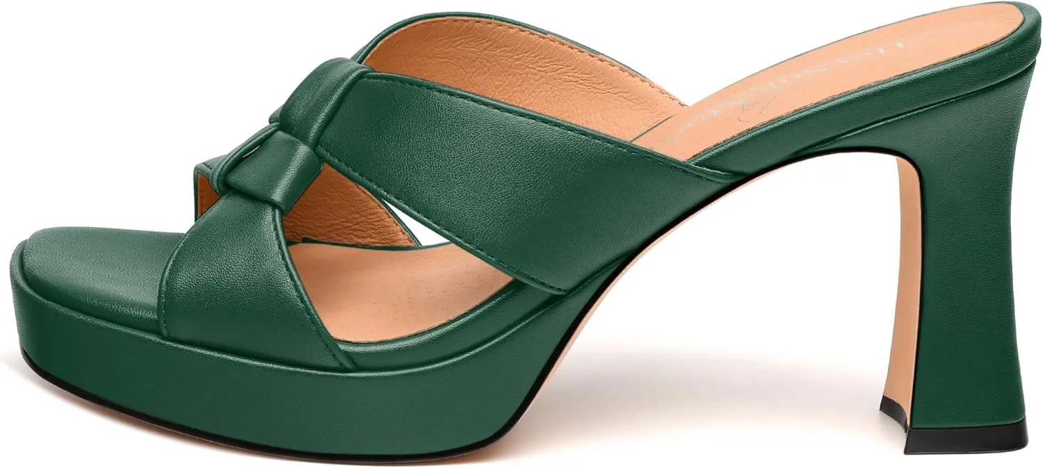Womens Platform Sandals, Block High Heel Open Toe Slip-on Sandals for Women, Woven Straps Heeled Slippers with Leather Insole 3.3"