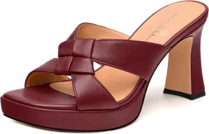 Womens Platform Sandals, Block High Heel Open Toe Slip-on Sandals for Women, Woven Straps Heeled Slippers with Leather Insole 3.3"