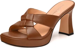 Womens Platform Sandals, Block High Heel Open Toe Slip-on Sandals for Women, Woven Straps Heeled Slippers with Leather Insole 3.3"