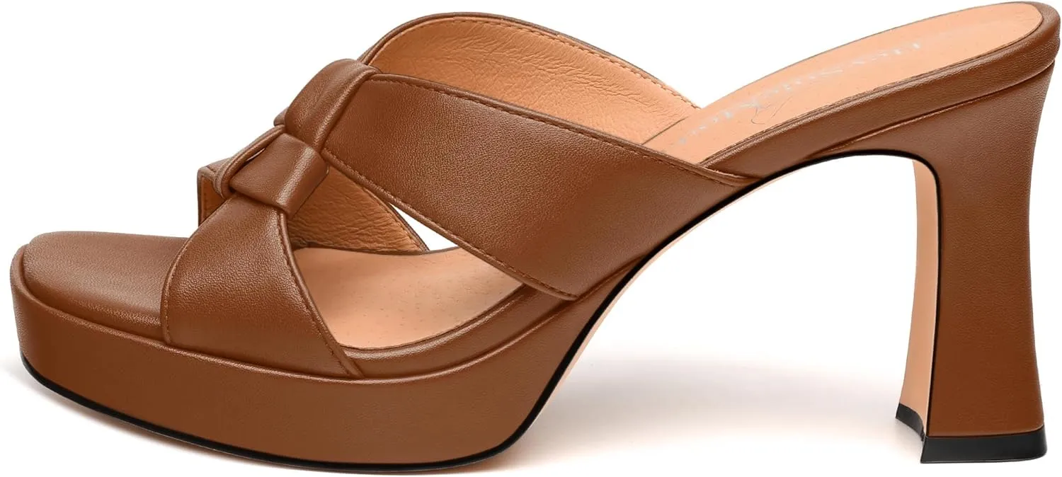 Womens Platform Sandals, Block High Heel Open Toe Slip-on Sandals for Women, Woven Straps Heeled Slippers with Leather Insole 3.3"