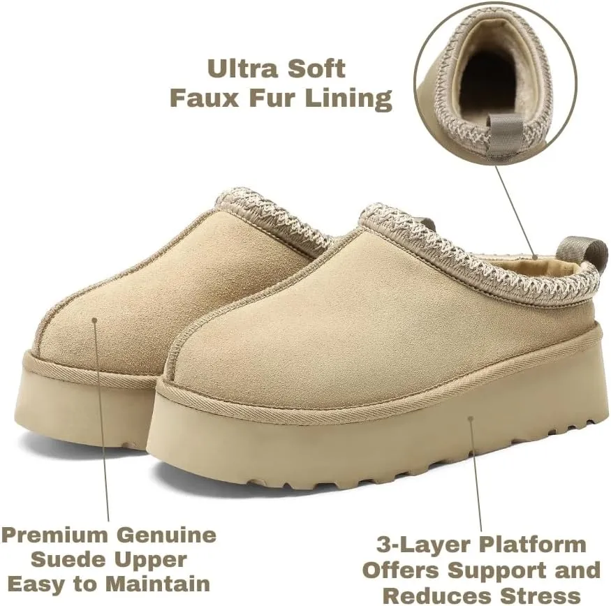 Women's Platform Slippers, Genuine Suede Warm Fleece Lined Anti-Slip Tazz Style for Indoor Outdoor