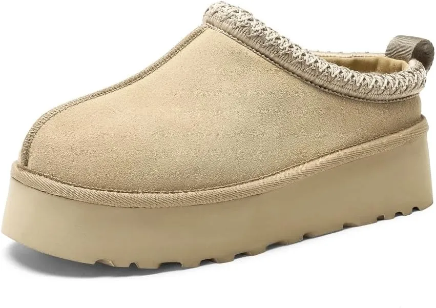 Women's Platform Slippers, Genuine Suede Warm Fleece Lined Anti-Slip Tazz Style for Indoor Outdoor