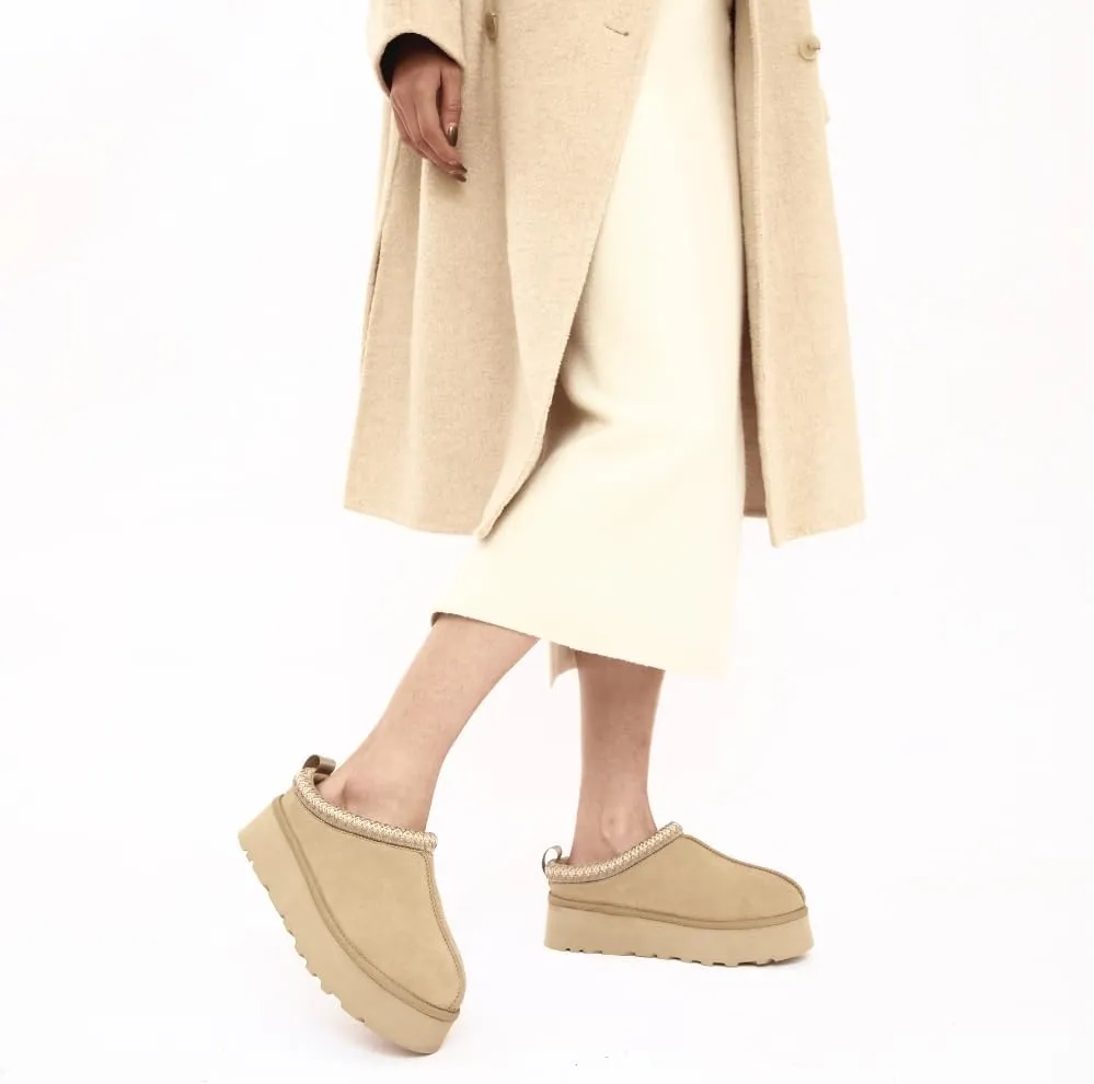 Women's Platform Slippers, Genuine Suede Warm Fleece Lined Anti-Slip Tazz Style for Indoor Outdoor