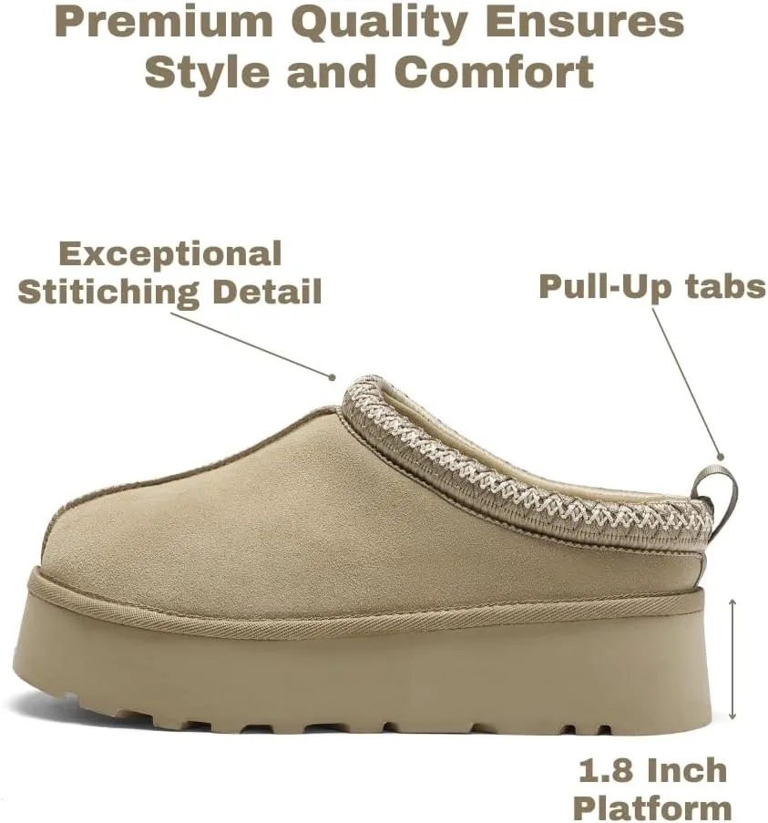 Women's Platform Slippers, Genuine Suede Warm Fleece Lined Anti-Slip Tazz Style for Indoor Outdoor