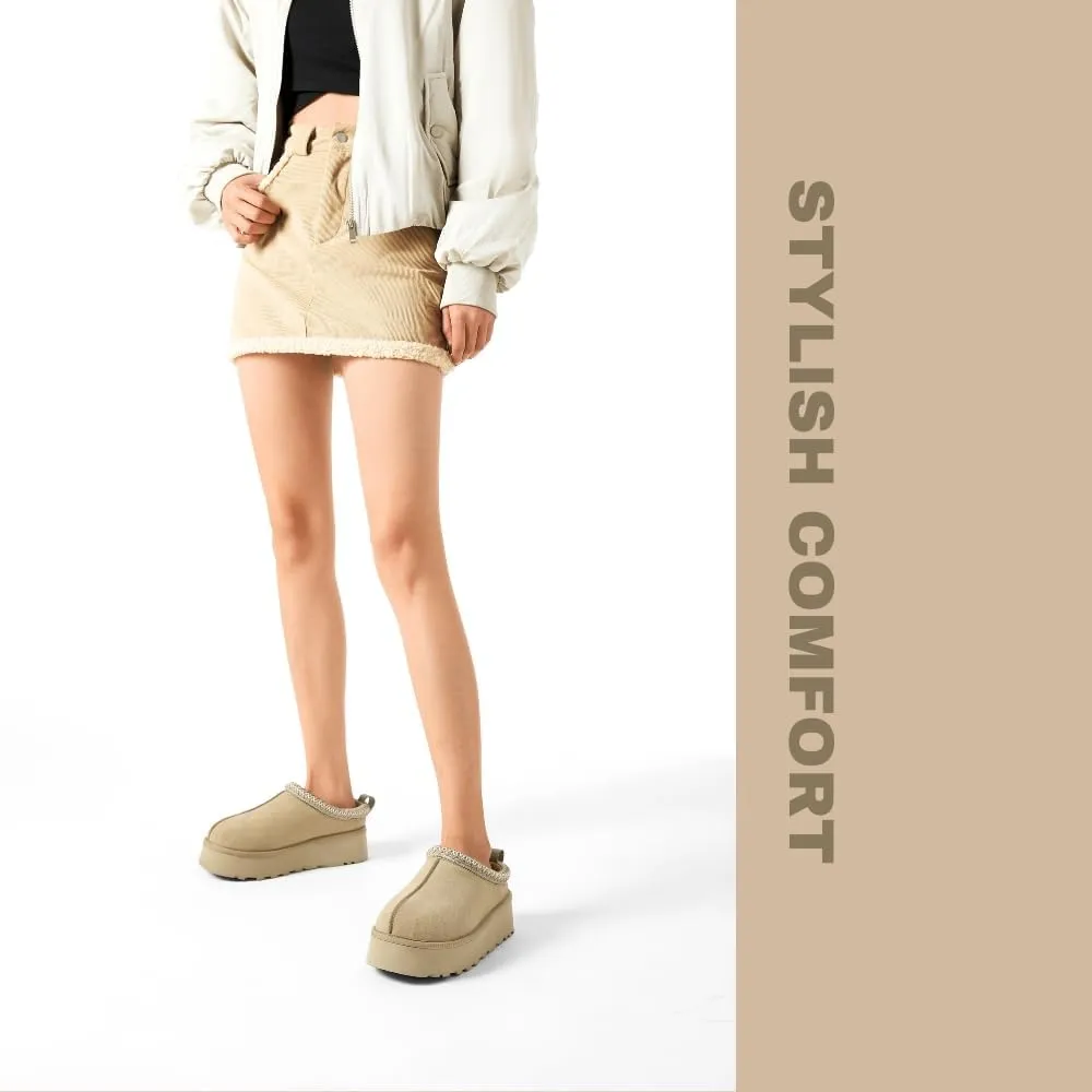 Women's Platform Slippers, Genuine Suede Warm Fleece Lined Anti-Slip Tazz Style for Indoor Outdoor