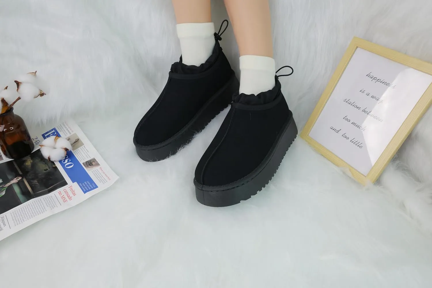 Women's Platform Slippers Winter Mini Boots Anti-Slip Suede Slip on Women Sneakers Fur Lined House Slippers for Indoor Outdoor