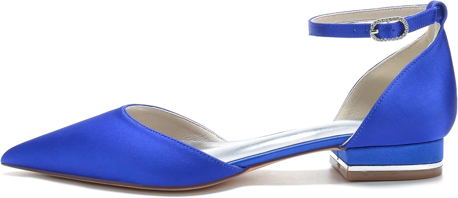 Women's Pointed Toe Bridal Pumps Satin Flats Ankle Strap Wedding Flats Prom Evening Party Dress Pumps for Bride