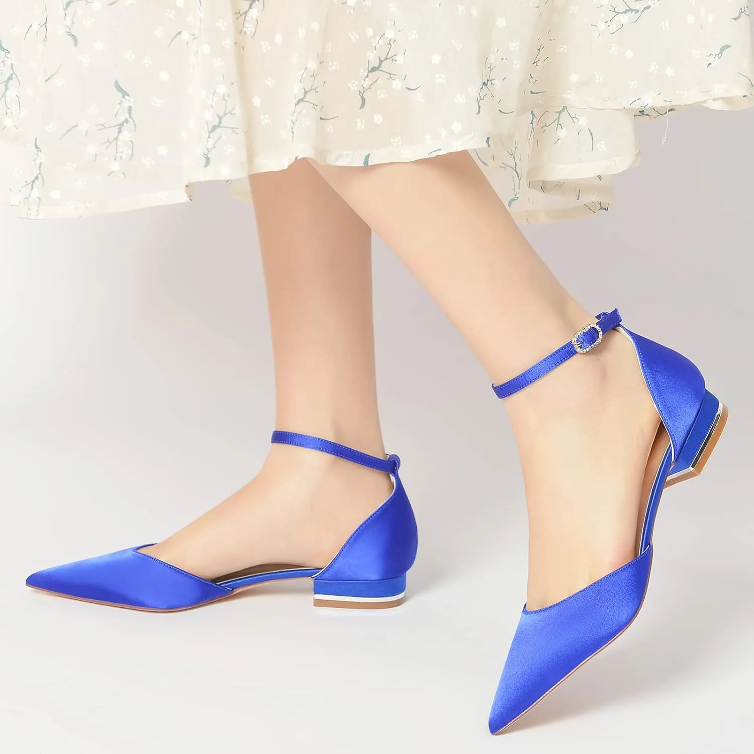 Women's Pointed Toe Bridal Pumps Satin Flats Ankle Strap Wedding Flats Prom Evening Party Dress Pumps for Bride