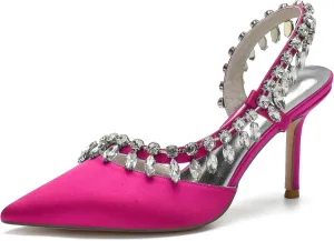 Women's Pointed Toe Crystal High Heels Satin Slingback Wedding Shoes Evening Party Comfort Flats Sandals for Bride