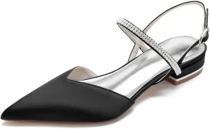 Women's Pointed Toe Crystal Wedding Flats for Bride Comfortable Satin White Wedding Shoes Low Heels Ankle Strap Bridal Flats Evening Prom Party Dress Shoes Pumps