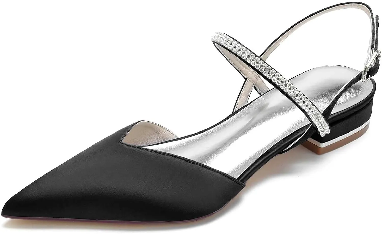 Women's Pointed Toe Crystal Wedding Flats for Bride Comfortable Satin White Wedding Shoes Low Heels Ankle Strap Bridal Flats Evening Prom Party Dress Shoes Pumps