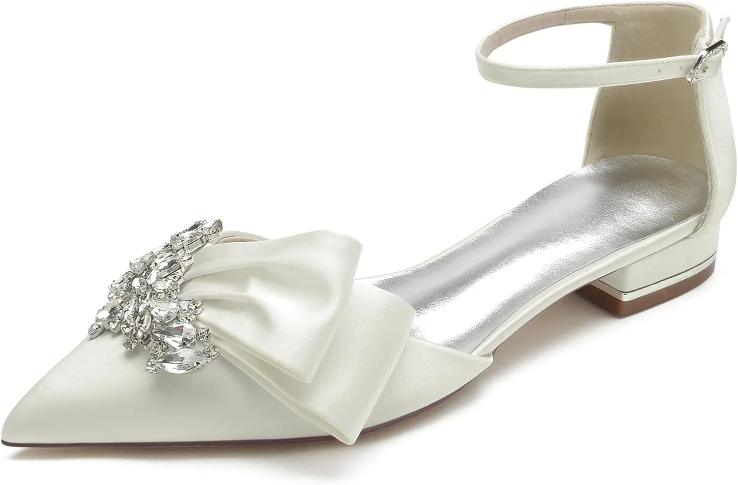 Women's Pointed Toe Flats Bridal Pumps Cryatal Satin Wedding Flats for Bride Prom Evening Bridal Party Dress Flats