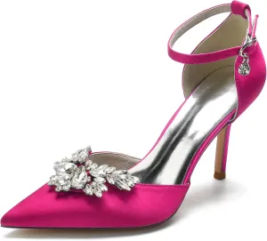 Women's Pointed Toe High Heels Bridal Pumps Rhinestones Satin Heeled Wedding Shoes for Bride Prom Party Dress Shoes Sandals