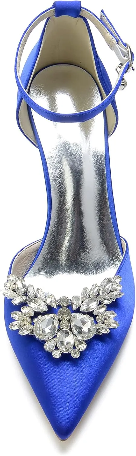 Women's Pointed Toe High Heels Bridal Pumps Rhinestones Satin Heeled Wedding Shoes for Bride Prom Party Dress Shoes Sandals