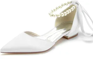 Women's Pointed Toe Pumps Pearl Satin Wedding Shoes for Bride Flats Ankle Strap Bridal Shoes Formal Prom Party Dress Pumps Sandals