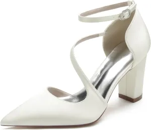 Women's Pointed Toe Satin Chunky Block High Heels Wedding Sandals Ankle Strap Dress Shoes Prom Party Pumps