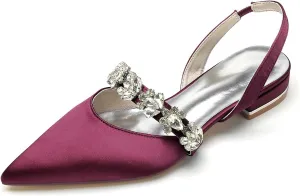 Women's Pointed Toe Wedding Flats Satin Rhinestones Slingback Bridal Shoes Comfortable Evening Prom Party Dress Shoes Pumps