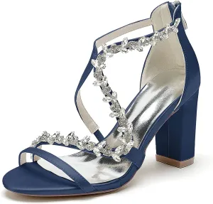 Women's Rhinestone Open Toe Satin Block Chunky Wedding Heels for Bride Ankle Strap High Heel Pumps Evening Party Dress Shoes Sandals