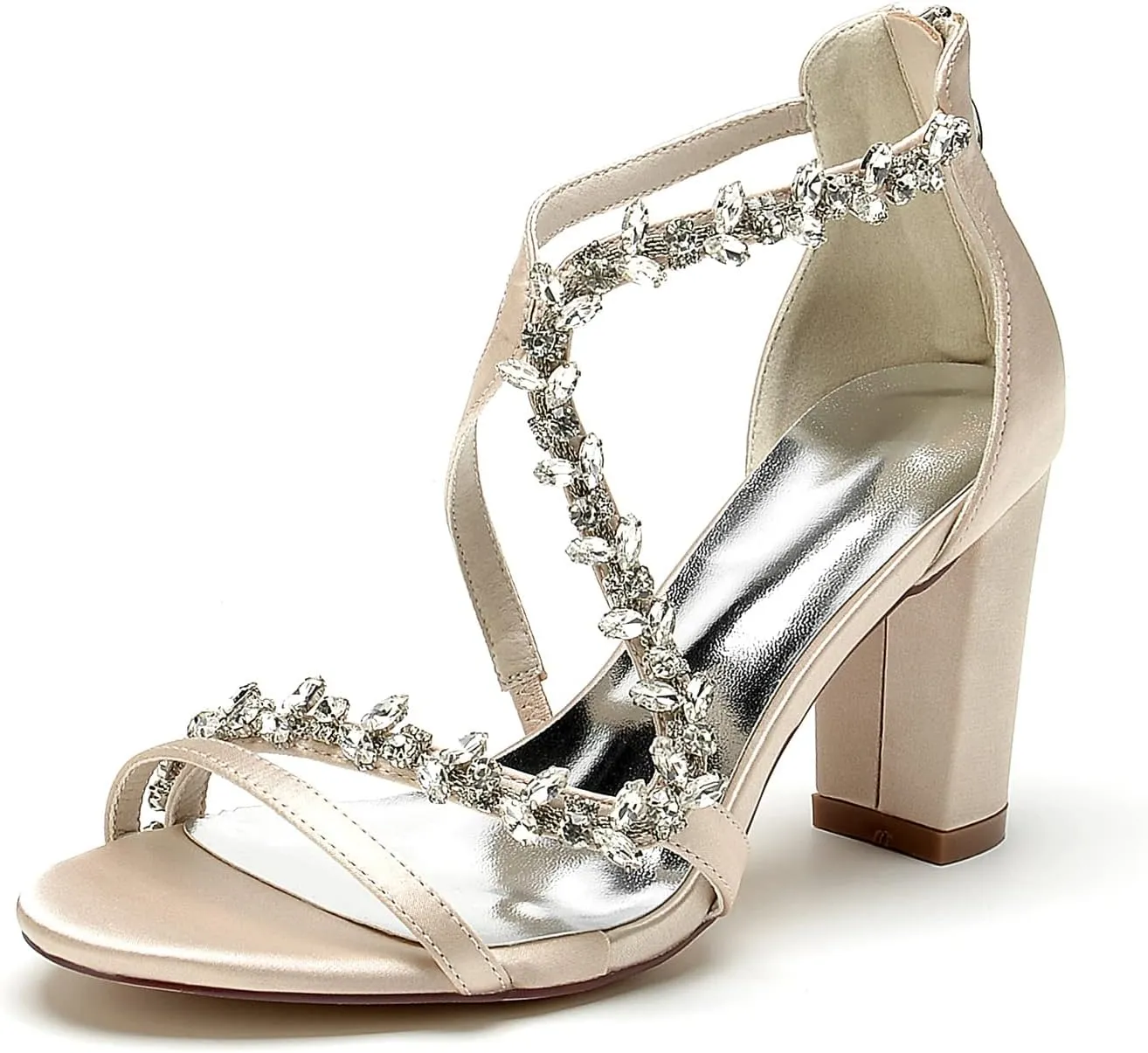 Women's Rhinestone Open Toe Satin Block Chunky Wedding Heels for Bride Ankle Strap High Heel Pumps Evening Party Dress Shoes Sandals