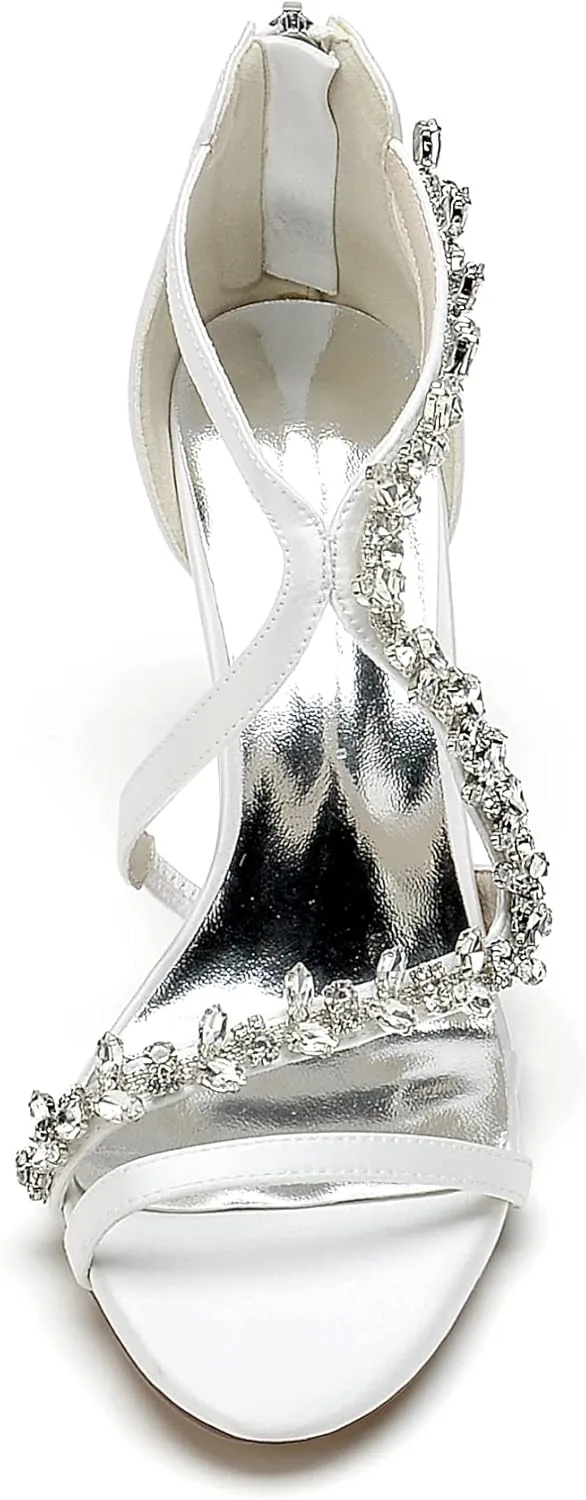 Women's Rhinestone Open Toe Satin Block Chunky Wedding Heels for Bride Ankle Strap High Heel Pumps Evening Party Dress Shoes Sandals
