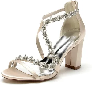 Women's Rhinestone Open Toe Satin Block Chunky Wedding Heels for Bride Ankle Strap High Heel Pumps Evening Party Dress Shoes Sandals