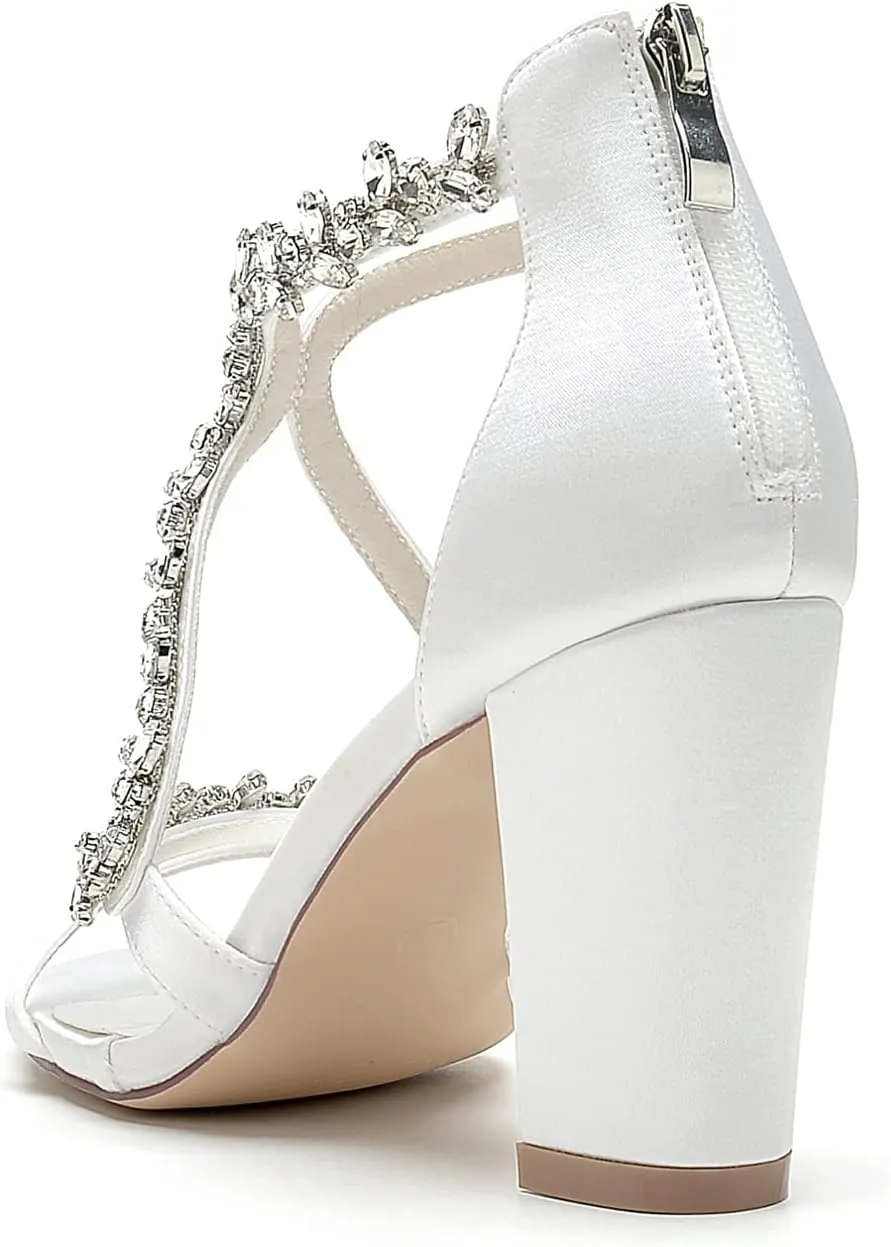 Women's Rhinestone Open Toe Satin Block Chunky Wedding Heels for Bride Ankle Strap High Heel Pumps Evening Party Dress Shoes Sandals