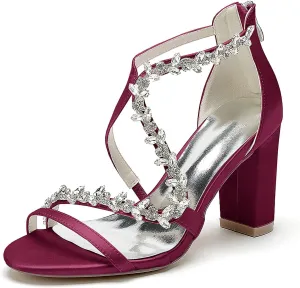 Women's Rhinestone Open Toe Satin Block Chunky Wedding Heels for Bride Ankle Strap High Heel Pumps Evening Party Dress Shoes Sandals