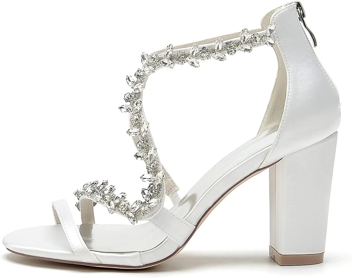 Women's Rhinestone Open Toe Satin Block Chunky Wedding Heels for Bride Ankle Strap High Heel Pumps Evening Party Dress Shoes Sandals