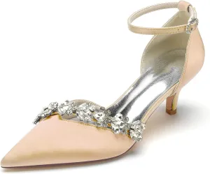 Women's Rhinestones Kitten Heel Pumps Shoes Pointed Toe Crystal Wedding Shoes Ankle Straps Prom Evening Dress Shoes