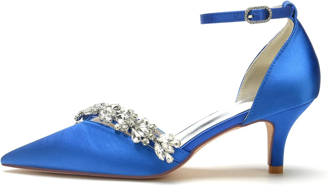 Women's Rhinestones Kitten Heel Pumps Shoes Pointed Toe Crystal Wedding Shoes Ankle Straps Prom Evening Dress Shoes