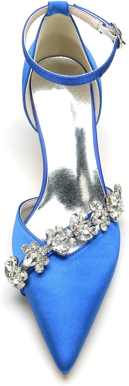 Women's Rhinestones Kitten Heel Pumps Shoes Pointed Toe Crystal Wedding Shoes Ankle Straps Prom Evening Dress Shoes
