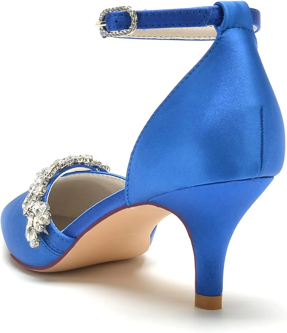 Women's Rhinestones Kitten Heel Pumps Shoes Pointed Toe Crystal Wedding Shoes Ankle Straps Prom Evening Dress Shoes