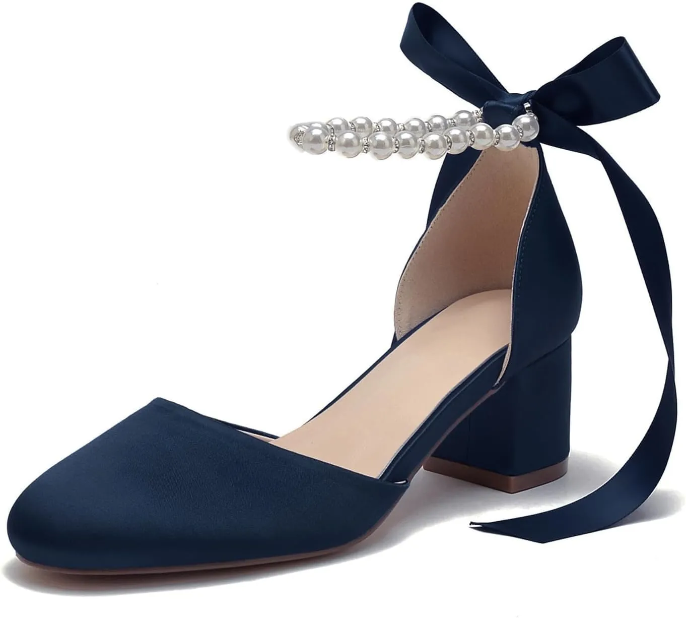 Women's Round Toe Satin Wedding Shoes Chunky Block Heels with Pearls Bridal Pumps Ankle Strap Prom Evening Party Shoes Sandal