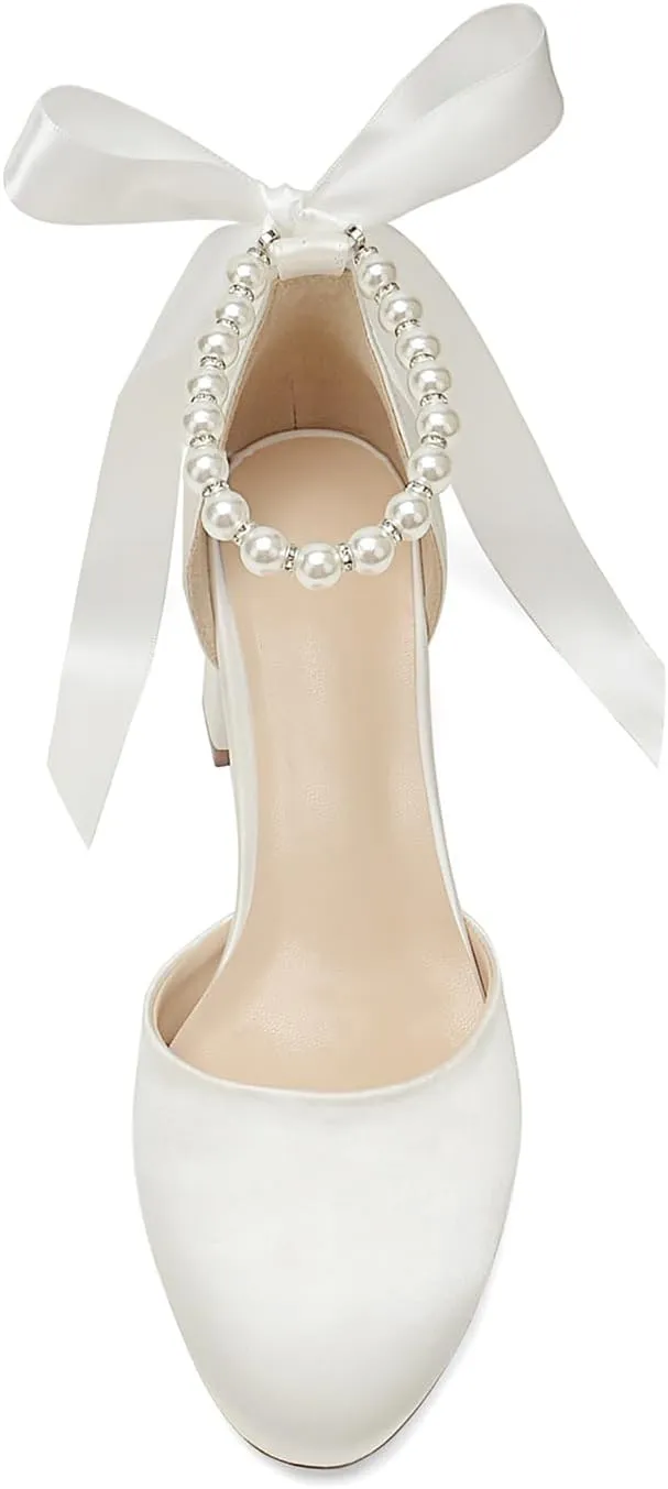 Women's Round Toe Satin Wedding Shoes Chunky Block Heels with Pearls Bridal Pumps Ankle Strap Prom Evening Party Shoes Sandal