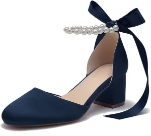 Women's Round Toe Satin Wedding Shoes Chunky Block Heels with Pearls Bridal Pumps Ankle Strap Prom Evening Party Shoes Sandal
