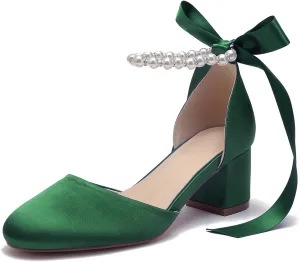 Women's Round Toe Satin Wedding Shoes Chunky Block Heels with Pearls Bridal Pumps Ankle Strap Prom Evening Party Shoes Sandal