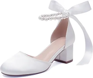 Women's Round Toe Satin Wedding Shoes Chunky Block Heels with Pearls Bridal Pumps Ankle Strap Prom Evening Party Shoes Sandal