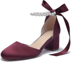 Women's Round Toe Satin Wedding Shoes Chunky Block Heels with Pearls Bridal Pumps Ankle Strap Prom Evening Party Shoes Sandal