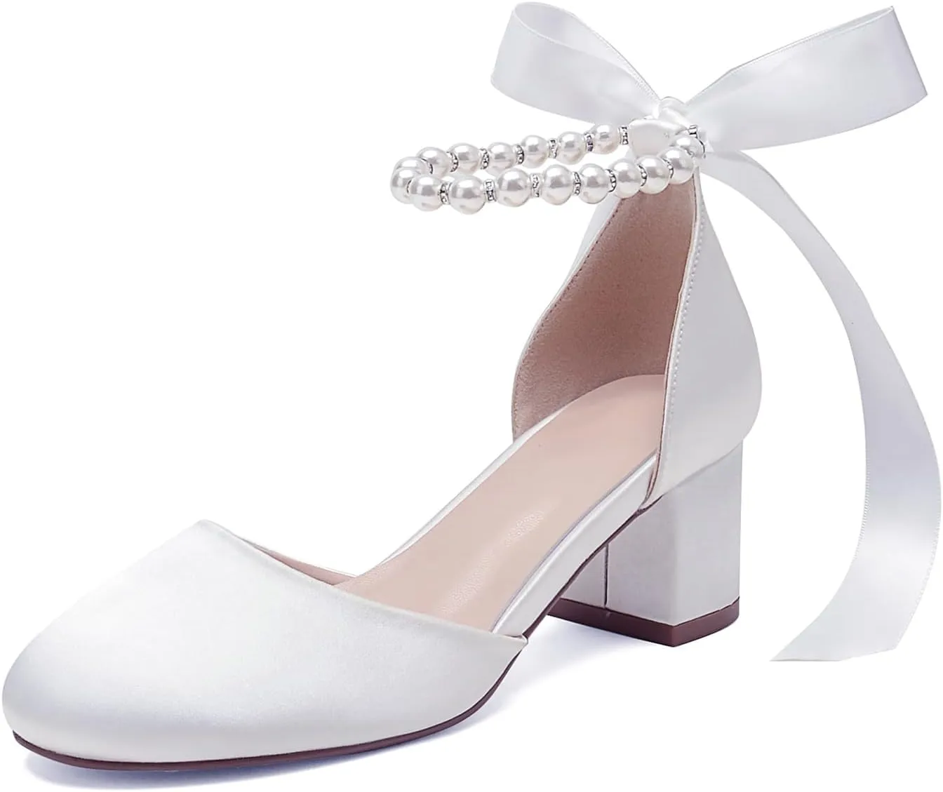 Women's Round Toe Satin Wedding Shoes Chunky Block Heels with Pearls Bridal Pumps Ankle Strap Prom Evening Party Shoes Sandal