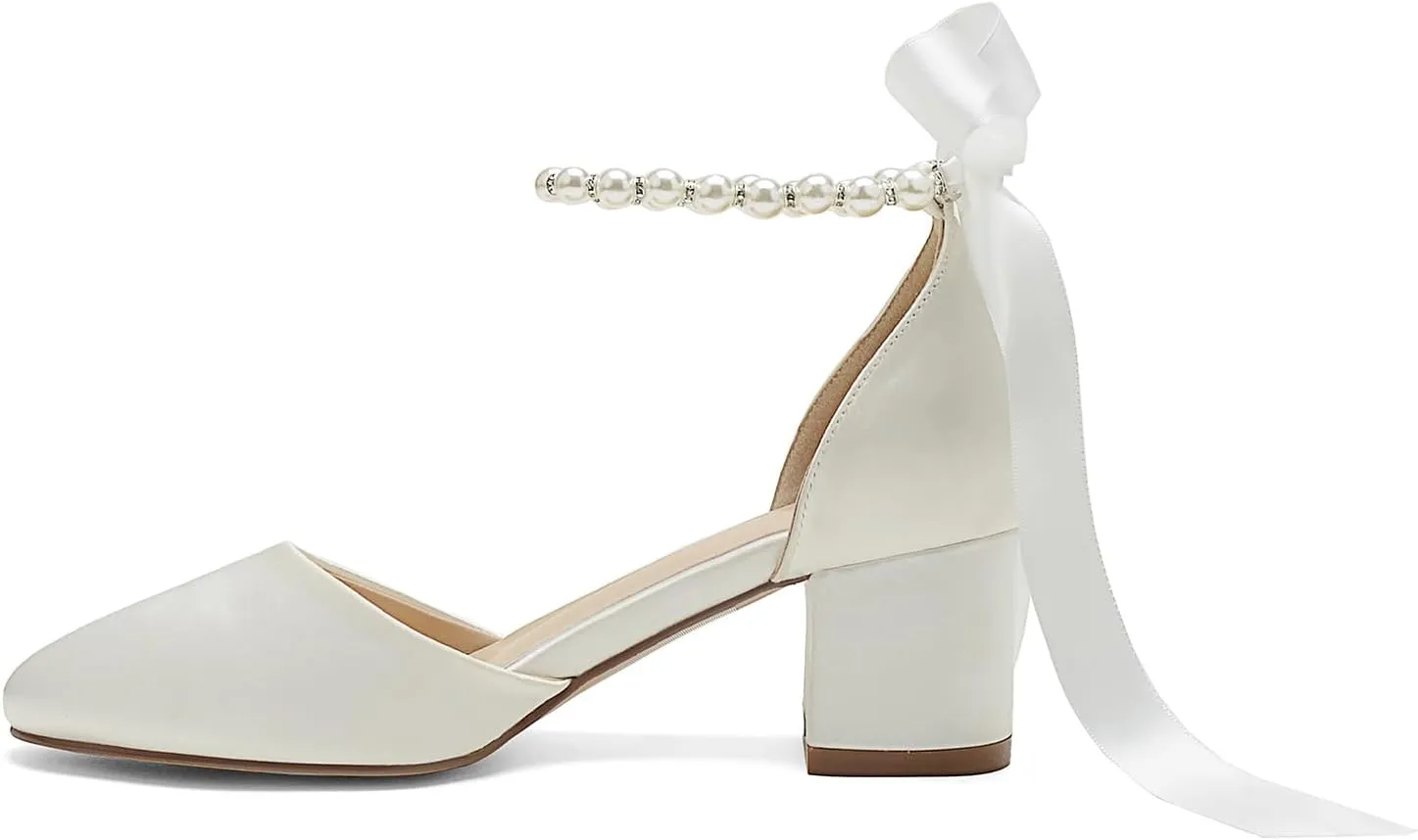 Women's Round Toe Satin Wedding Shoes Chunky Block Heels with Pearls Bridal Pumps Ankle Strap Prom Evening Party Shoes Sandal
