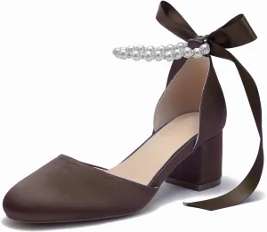 Women's Round Toe Satin Wedding Shoes Chunky Block Heels with Pearls Bridal Pumps Ankle Strap Prom Evening Party Shoes Sandal
