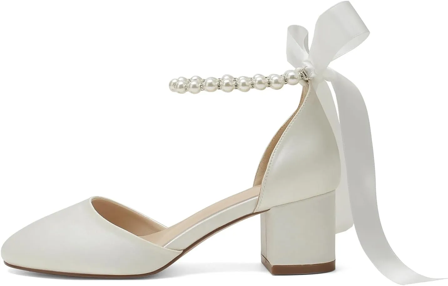 Women's Round Toe Satin Wedding Shoes Chunky Block Heels with Pearls Bridal Pumps Ankle Strap Prom Evening Party Shoes Sandal