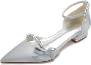Women's Satin Crystal Wedding Flats Pump Shoes for Bride Pointed Toe Prom Evening Party Dress Flats