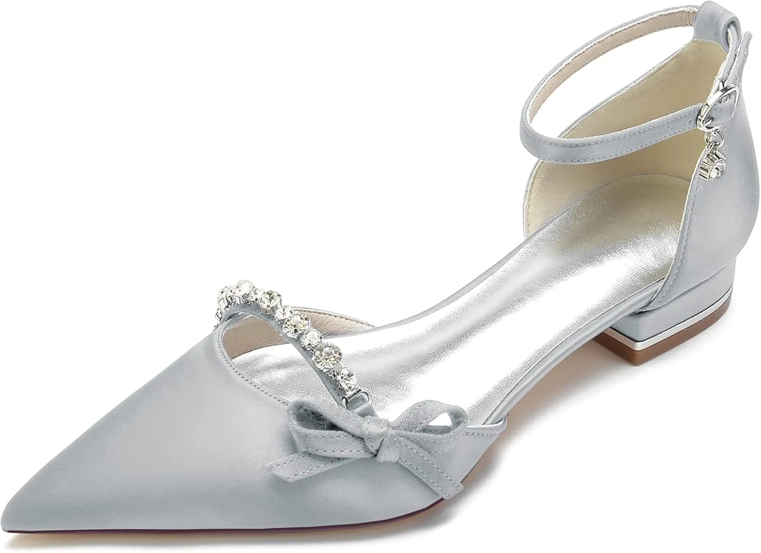Women's Satin Crystal Wedding Flats Pump Shoes for Bride Pointed Toe Prom Evening Party Dress Flats