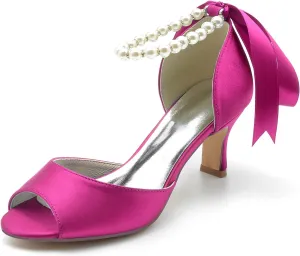 Women's Satin Pearls Pumps Peep Toe Heeled Wedding Shoes for Bride Evening Party Dress Pumps Sandals