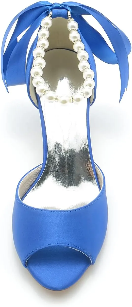 Women's Satin Pearls Pumps Peep Toe Heeled Wedding Shoes for Bride Evening Party Dress Pumps Sandals