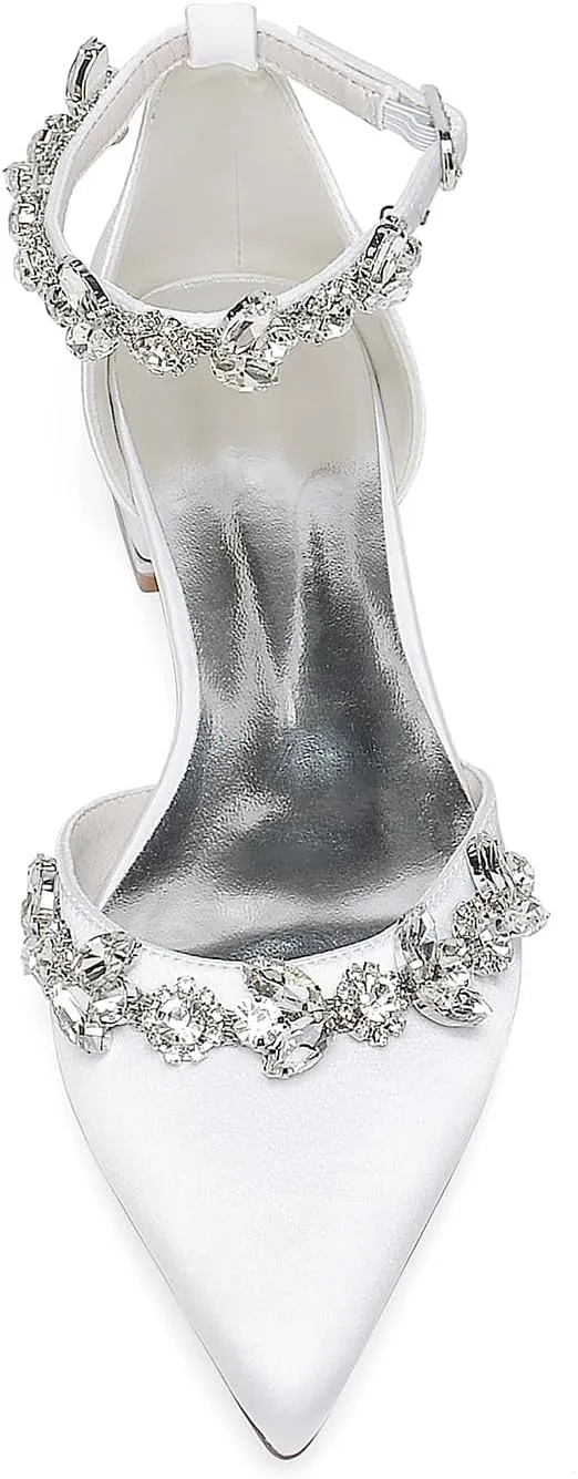 Women's Satin Pointed Toe Flats Comfortable Rhinestones Ankle Straps Wedding Flats for Bride Pump Shoes Evening Party Guest Shoes for Women