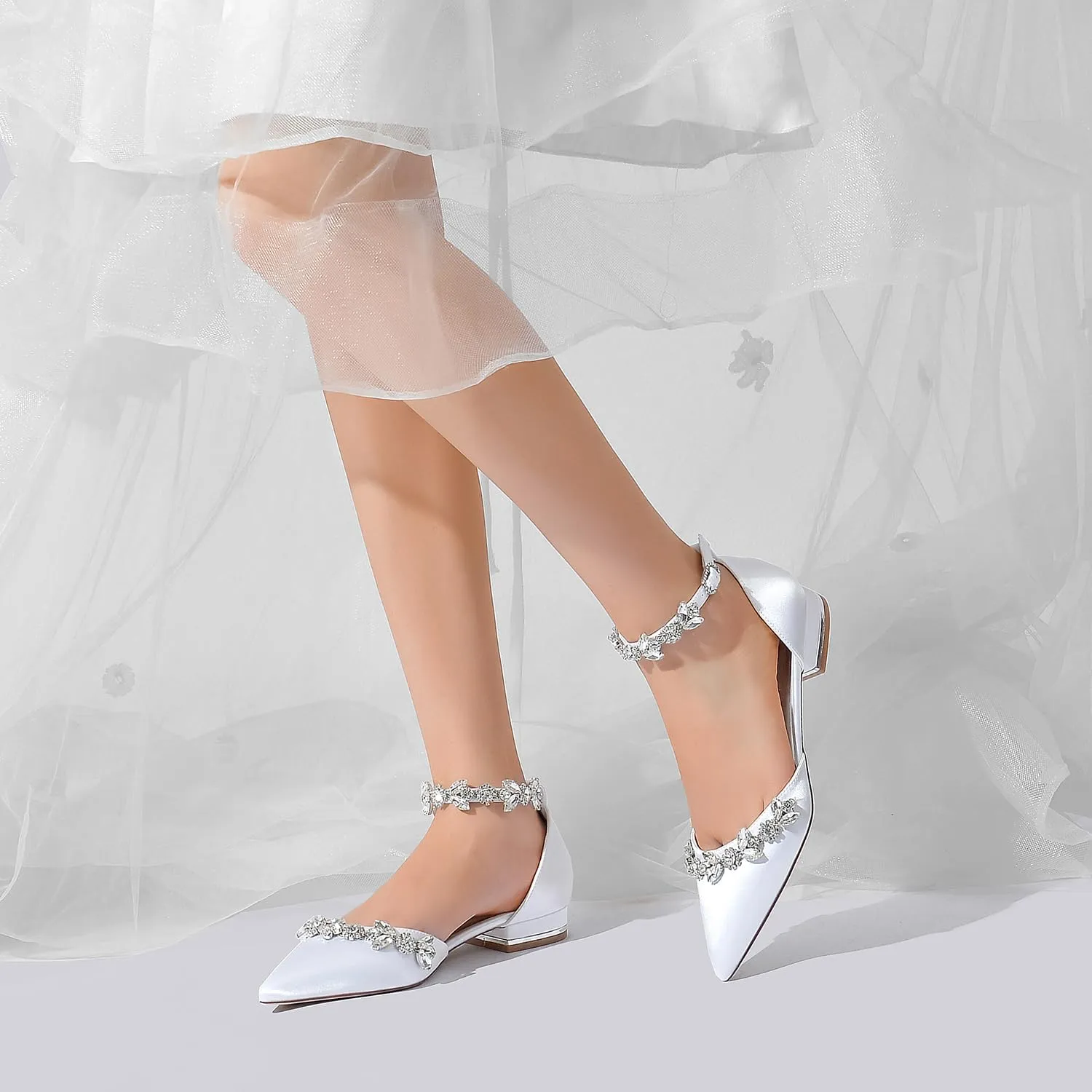 Women's Satin Pointed Toe Flats Comfortable Rhinestones Ankle Straps Wedding Flats for Bride Pump Shoes Evening Party Guest Shoes for Women